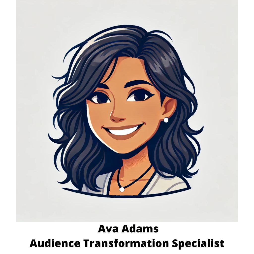 Ava Adams, Audience Transformation Specialist, smiling confidently in a bright workspace with a whiteboard of audience strategy behind her.